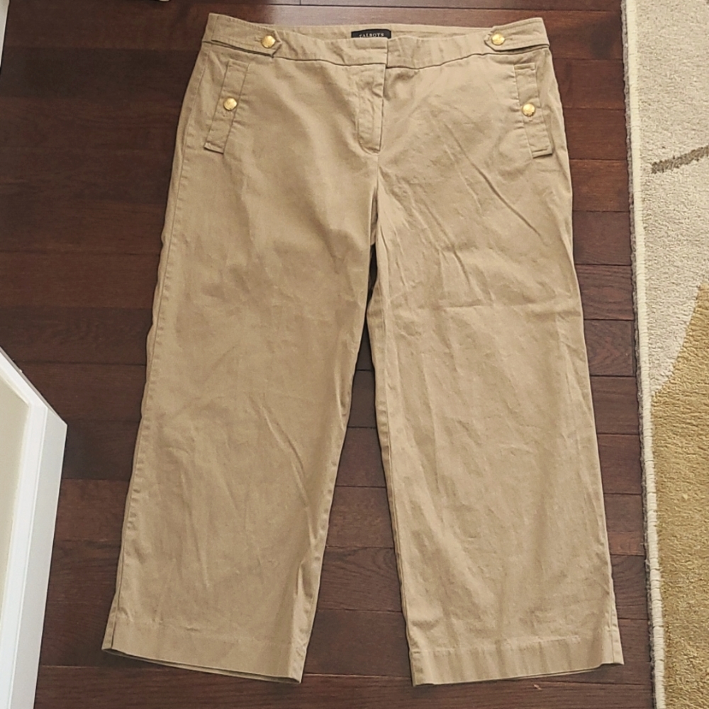 Talbots semi wide leg sailor pant Size 16 Cropped pant tan with gold buttons